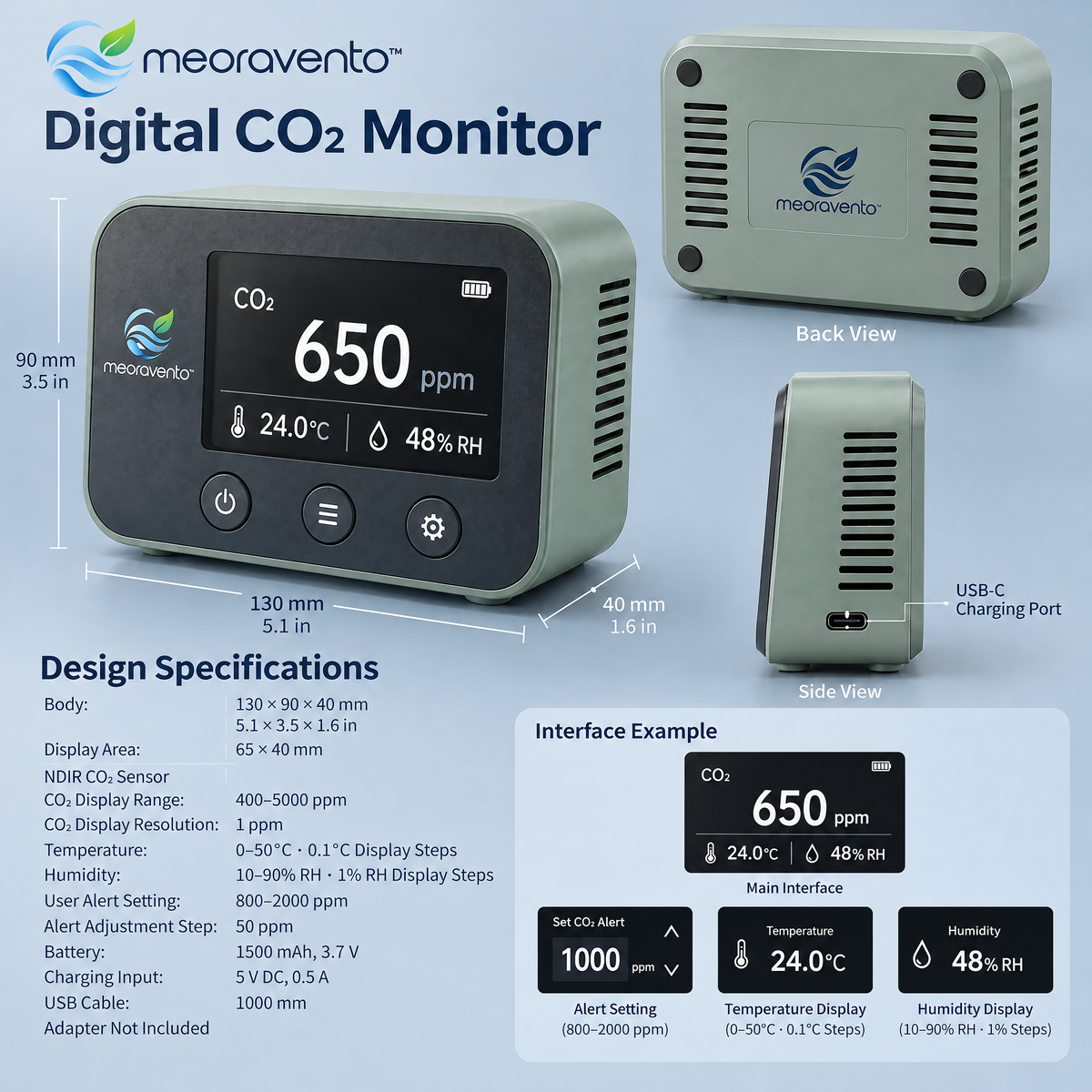 meoravento™ Digital CO₂ Air Quality Monitor — product image 02