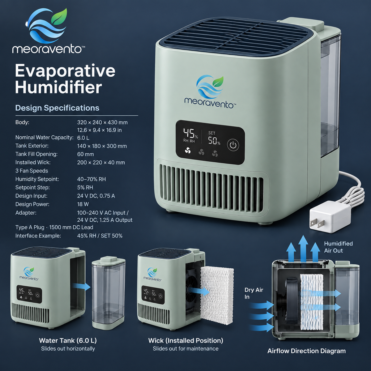 meoravento™ Large Room Evaporative Humidifier — product image 02